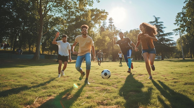 A joyous group of friends engaging in a friendly game of soccer filled with laughter and cheers in a vibrant public field