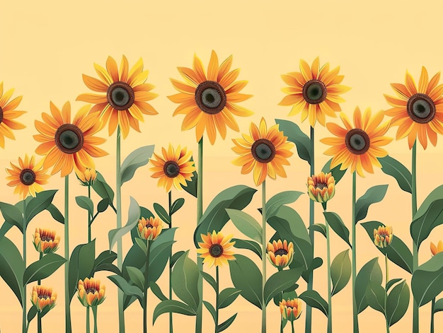 Photo a joyous illustration of a field of sunflowers standing tall their faces turned towards the sun