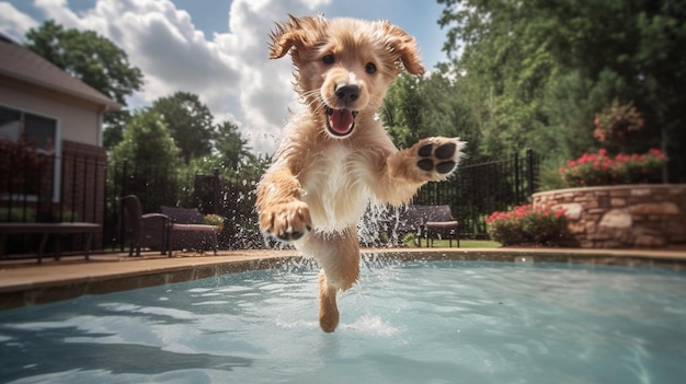 A joyous moment captured as a puppy playfully dives into a pool creating a splash that echoes its e