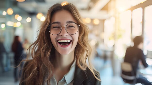 Joyous Professional in Blurred Office Background Joyous professional blurred office background