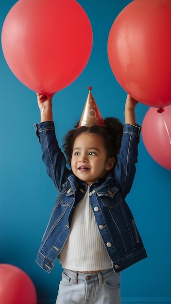 Joyous small girl raises head and looks attentively at red air balloons wears denim fashionable ja