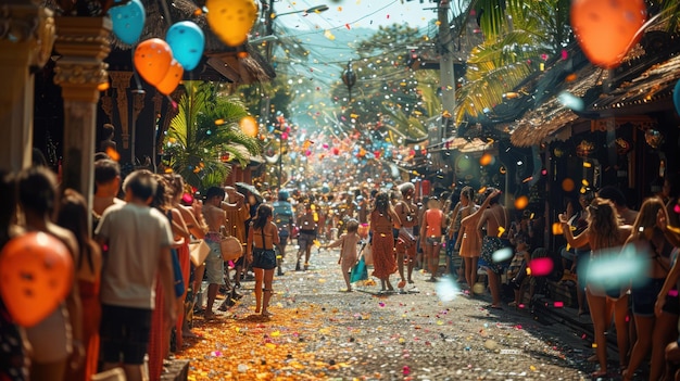 Joyous Street Fiesta Vibrant Festivity with Music Dance Colorful Decorations