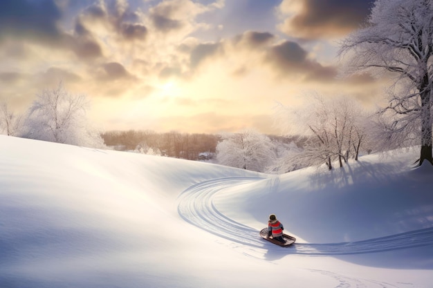 Joyous winter scene Children sled down snowy hills their happy laughter echoing the fun of a white cold season outdoors