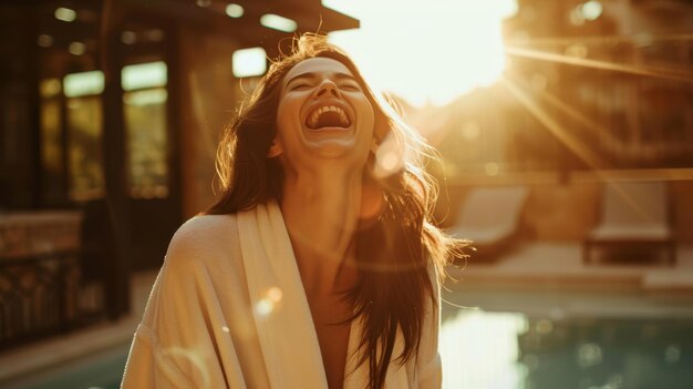 Photo a joyous woman in a bathrobe laughs heartily by the poolside at sunset radiating happiness and enjoying a serene evening moment