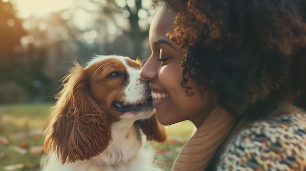 A joyous woman cuddling with her adorable Cavalier King Charles Spaniel in a sunlit park