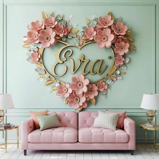 Jssica AI image featuring a 3D red heart in the living room wall with the inscription eva e