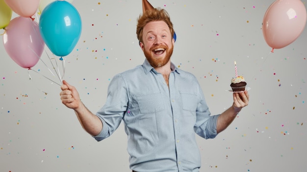 Photo a jubilant individual celebrates with balloons a cupcake and confetti