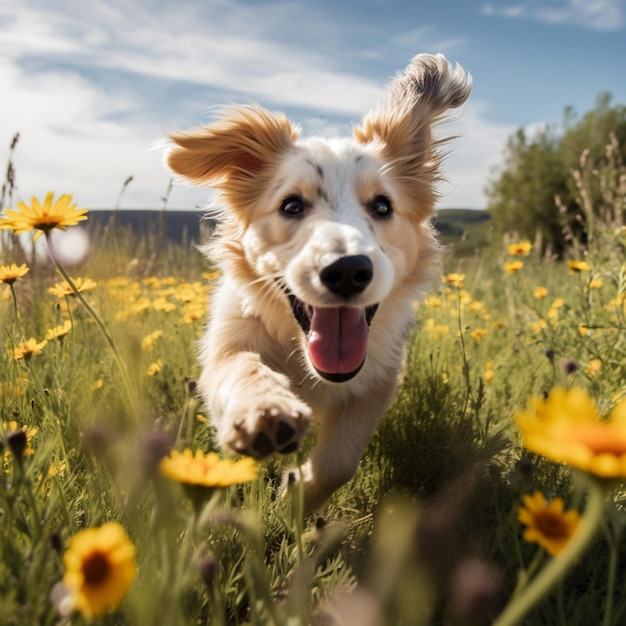 A jubilant pup frolicking in a meadow