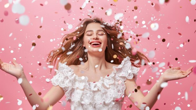 Photo a jubilant woman in a frilly white dress is amidst a shower of colorful confetti