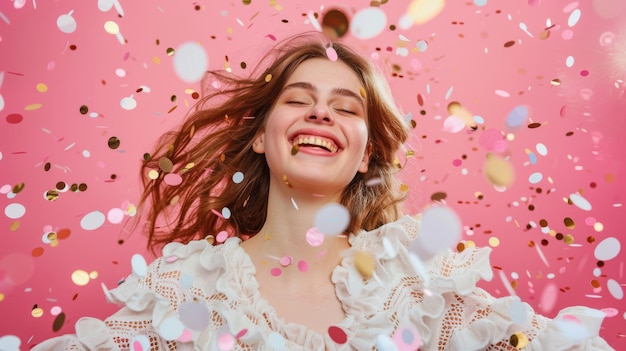 A jubilant woman in a frilly white dress is amidst a shower of colorful confetti