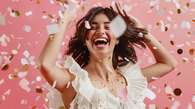 A jubilant woman in a frilly white dress is amidst a shower of colorful confetti