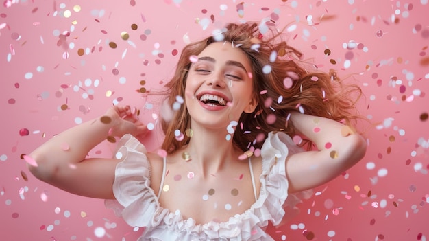 A jubilant woman in a frilly white dress is amidst a shower of colorful confetti