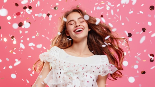 A jubilant woman in a frilly white dress is amidst a shower of colorful confetti