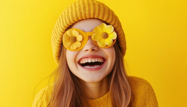 Photo a jubilant young girl sporting playful flowershaped sunglasses and a yellow beanie laughs heartily