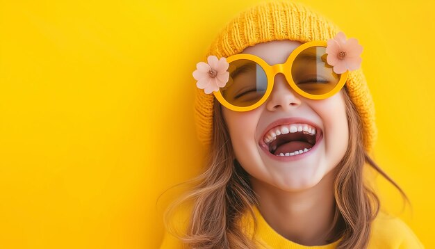 A jubilant young girl sporting playful flowershaped sunglasses and a yellow beanie laughs heartily