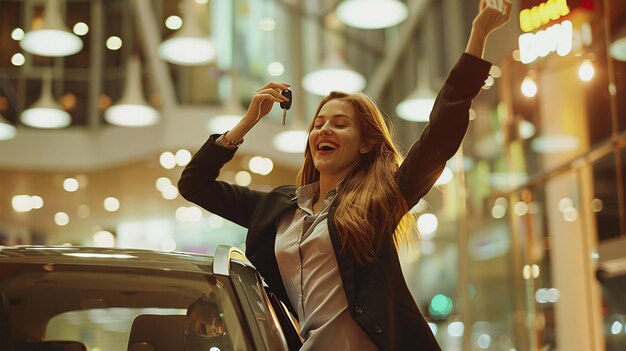 Photo a jubilant young woman with flowing hair stands beside a sleek shiny new car in a modern showroom holding the keys up high with one hand while her other hand rests on the car door her business