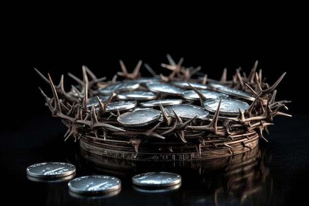 Judas 30 pieces of silver sack thirty coins biblical symbol betrayal religion Bible A crown of thorns with thorns a noose gallows creative reproduction of history Jesus Christ God