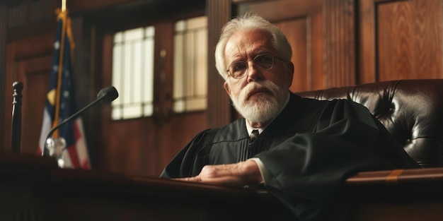 A judge in a black robe presiding over a court session