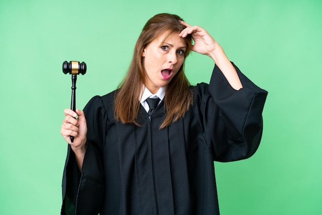 Judge caucasian woman over isolated background doing surprise gesture while looking to the side