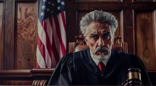 Judge in Courtroom with American Flag Serious Expression and Gavel