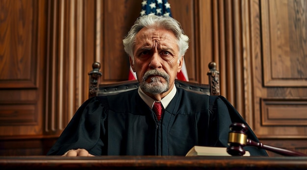 Judge in Courtroom with American Flag Serious Expression and Gavel