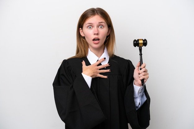 Judge English woman isolated on white background surprised and shocked while looking right