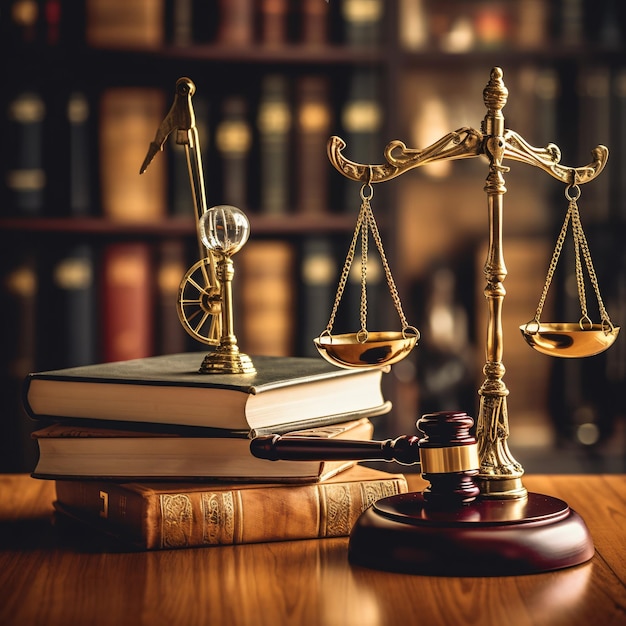 Judge gavel law books and scales of justice