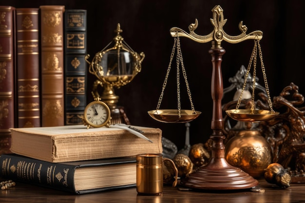 Judge gavel old books and scales on a wooden table justice symbols for balance and power in law