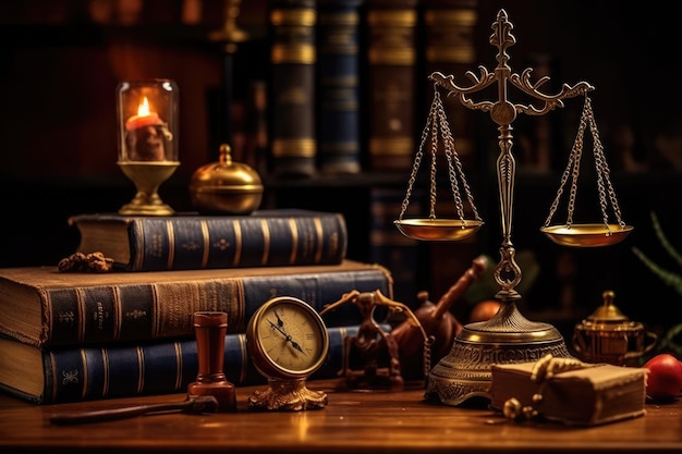 Judge gavel old books and scales on a wooden table justice symbols for balance and power