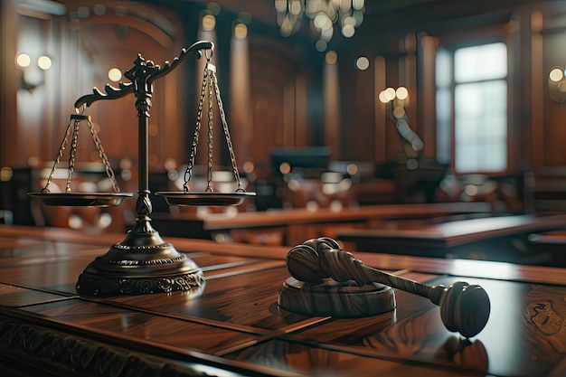 Judge Gavel and Scales of Justice in the Court Hall