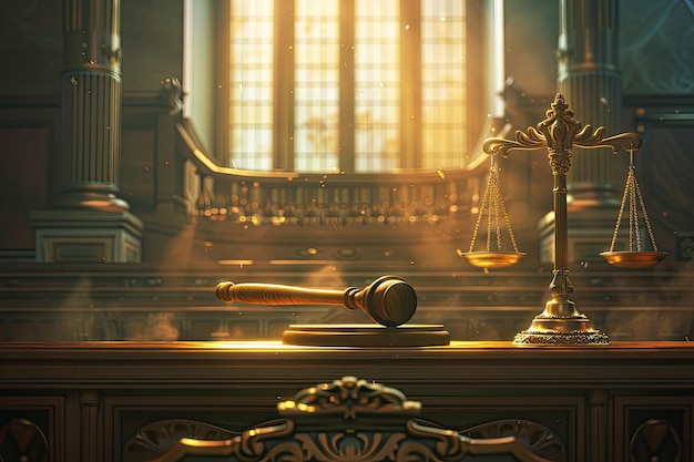 Judge Gavel and Scales of Justice in the Court Hall