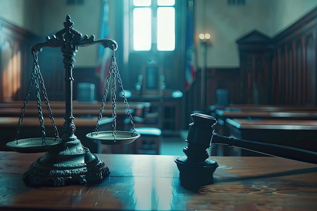 Judge Gavel and Scales of Justice in the Court Hall