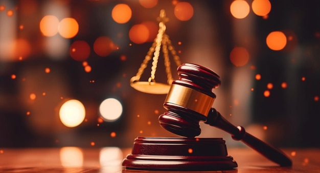 A judge's gavel on a court with a gold scale in the background.