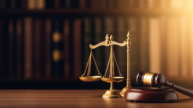 A judge's gavel and scales of justice on the table in a law library