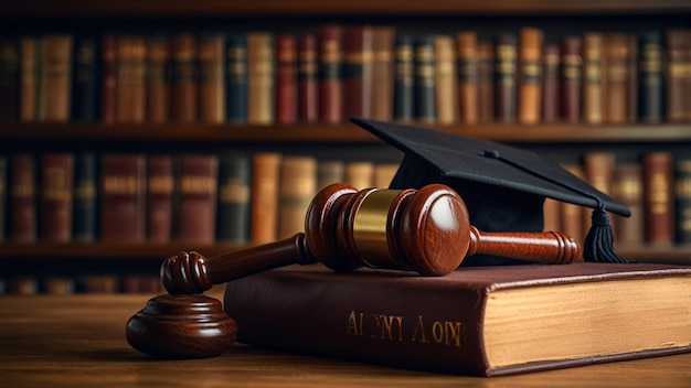 Photo a judge  s gavel sits on a book with other books behind him