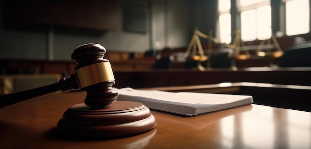 A judge's gavel sits on a desk in a court room.