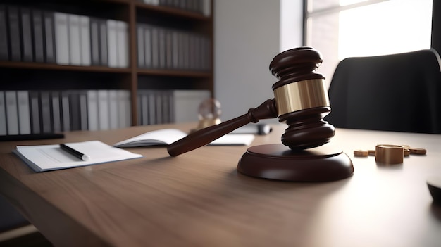 A judge's gavel sits on a desk in an office.