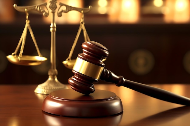 A judge's gavel sits on a table in a court room.