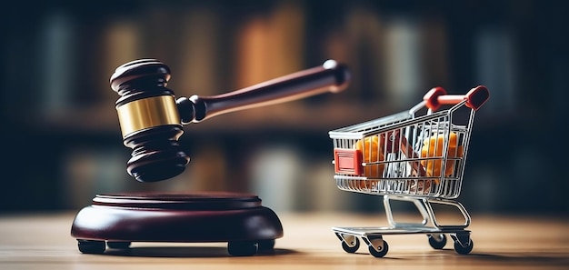 A judge's gavel with a cart of food in the foreground.