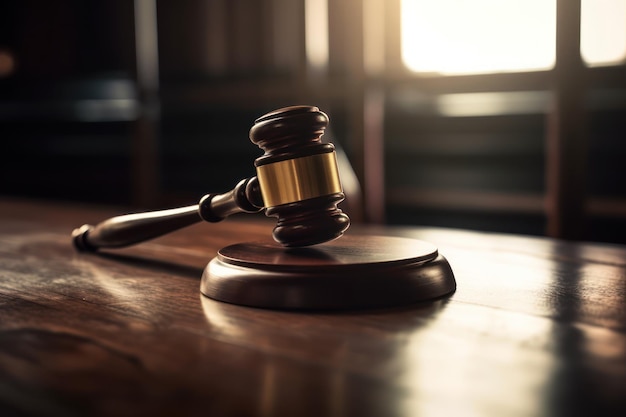 A judge's gavel on a wooden table