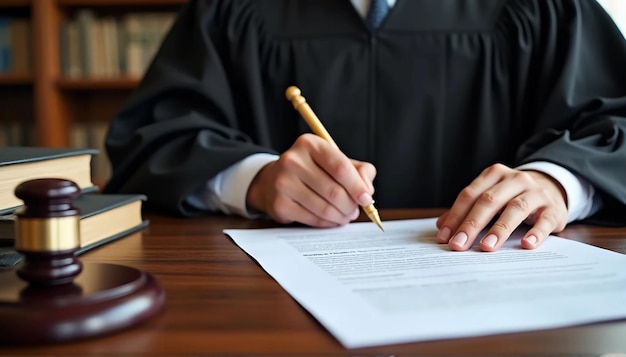 Photo a judge at their desk signing an official legal order or ruling with law books