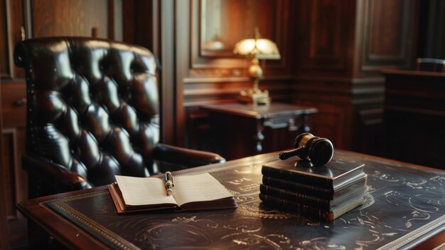 Photo a judge39s desk with a gavel books and pen