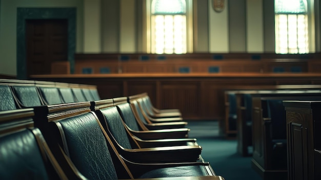 Photo judges bench in an empty courtroom