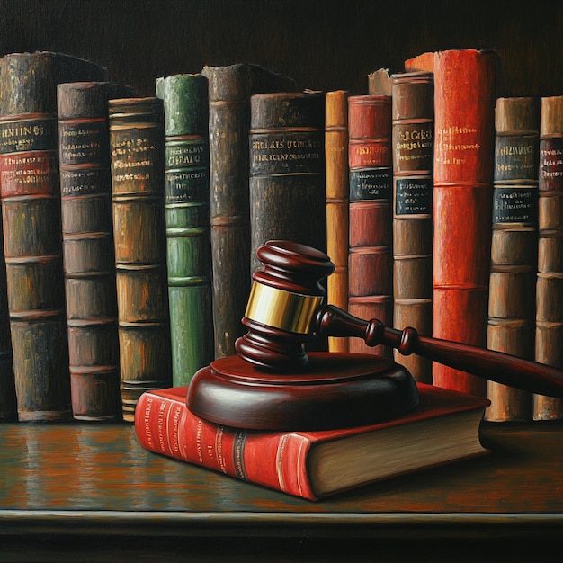 Photo a judges gavel on the bench with a backdrop of legal books