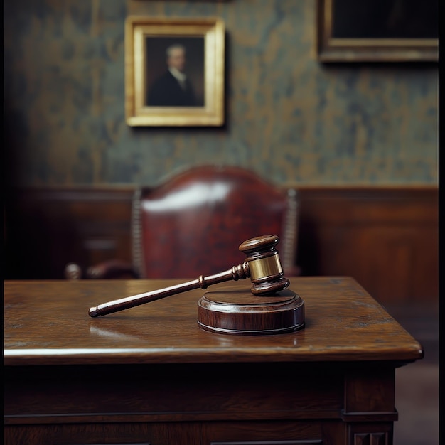 Photo judges gavel on desk during court hearing