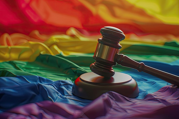 Photo judges gavel with rainbow flag lgbt law and justice