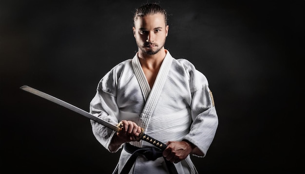 Judo player posing with a sword martial arts man concep