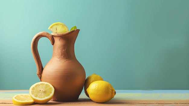 Photo a jug and lemons are on a table with a blue background