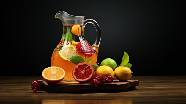 a jug of lemons lemons and limes are on a wooden table