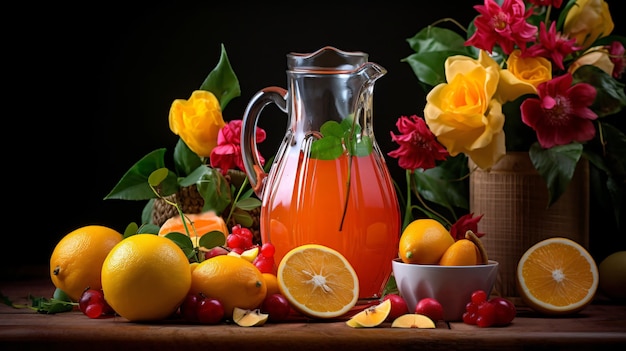 a jug of orange juice and a bowl of fruit with a bunch of flowers